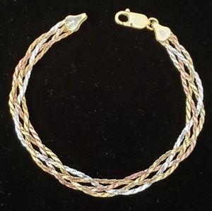 Tri Color sterling silver braided bracelet. 7.5".